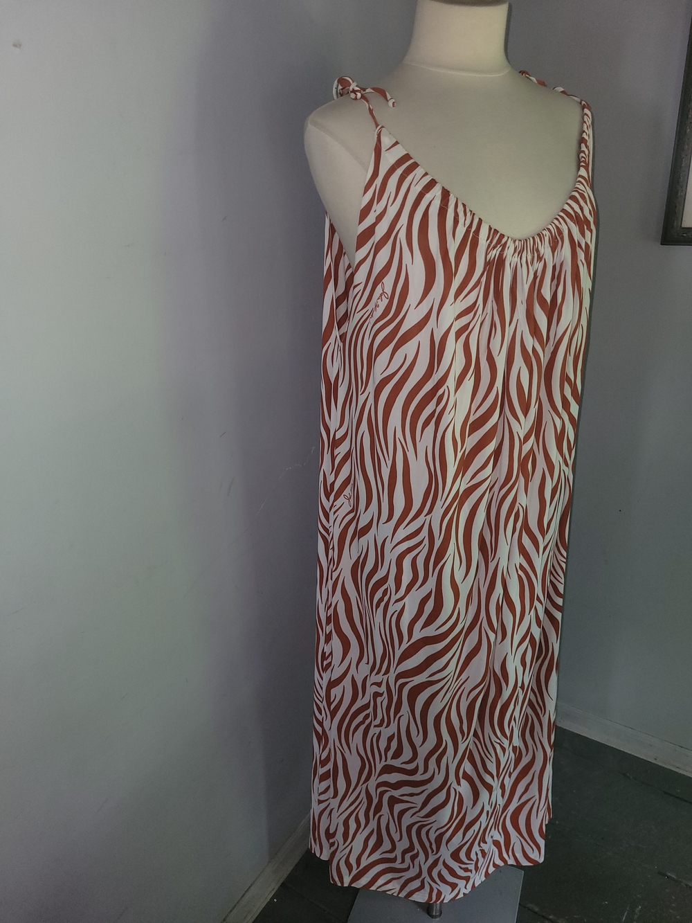 Sleeveless Rust & White Zebra-Print Maxi Dress